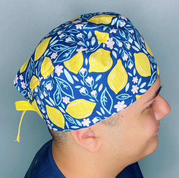 Floral Lemons on Blue Unisex Food Scrub Cap