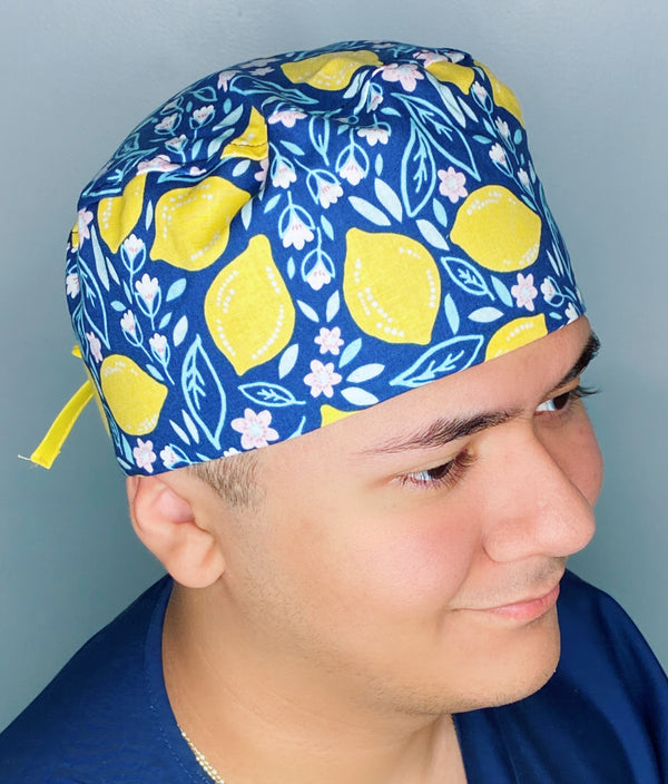 Floral Lemons on Blue Unisex Food Scrub Cap