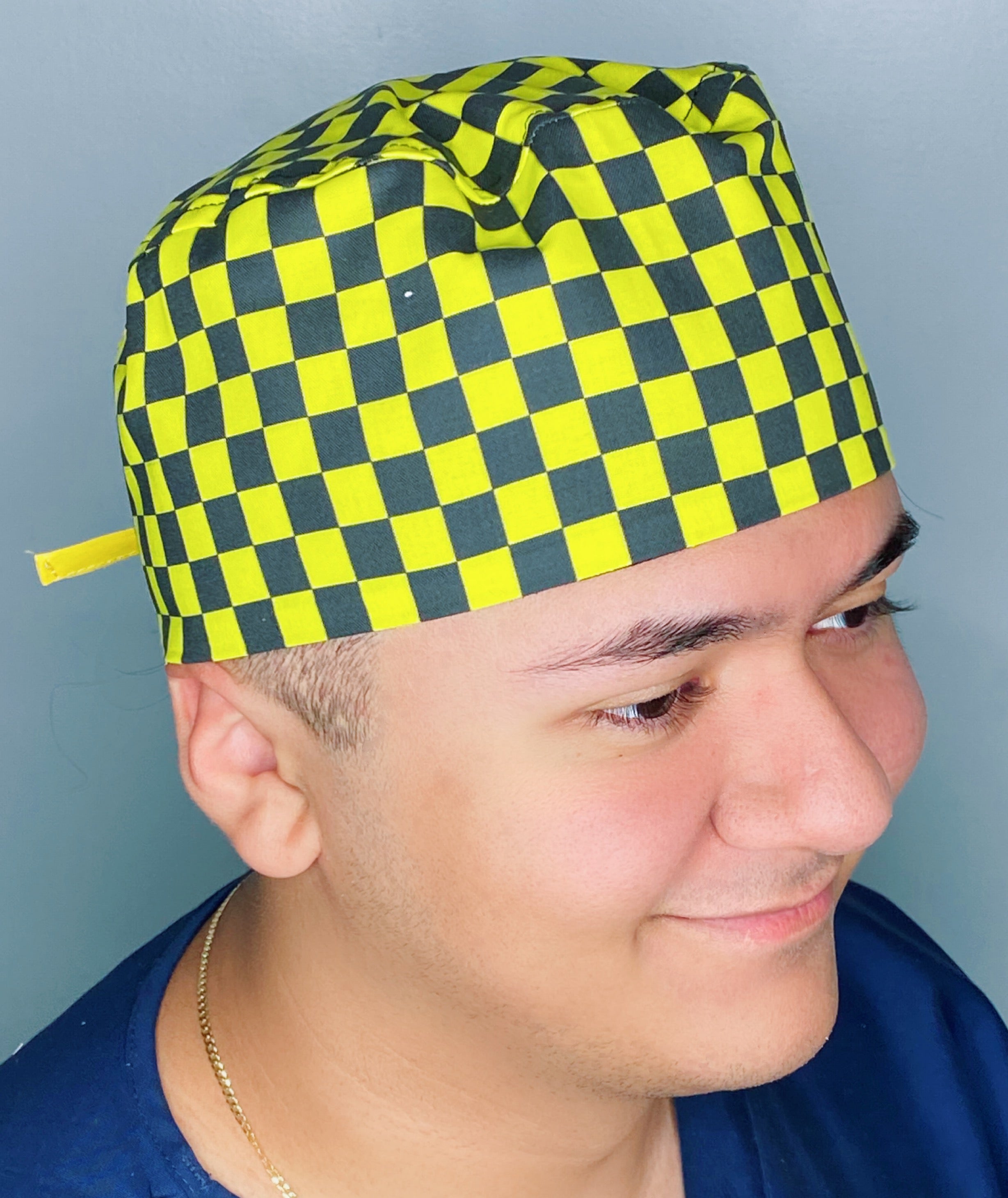 Black & Yellow Checkerboard Design Unisex Cute Scrub Cap