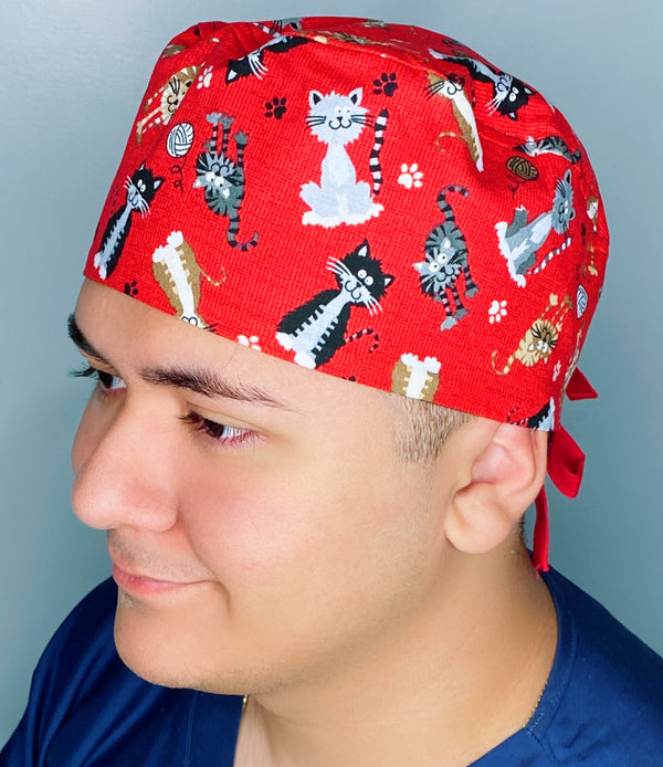 Cute Cats on Red Unisex Animal Scrub Cap