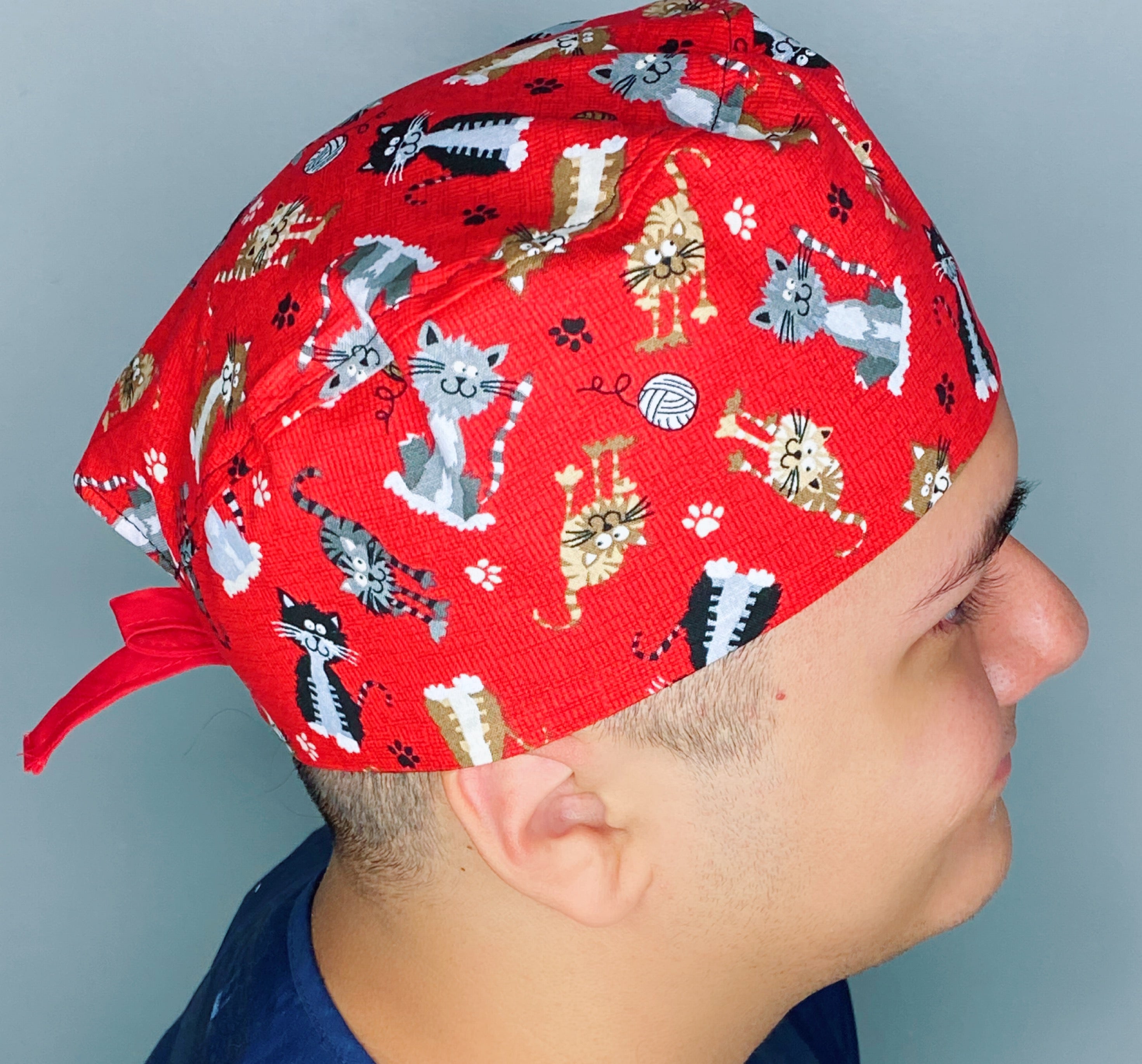 Cute Cats on Red Unisex Animal Scrub Cap
