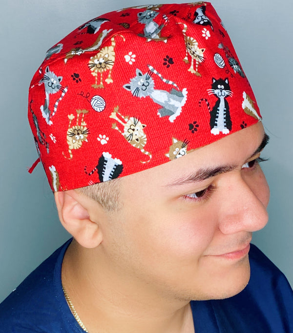 Cute Cats on Red Unisex Animal Scrub Cap