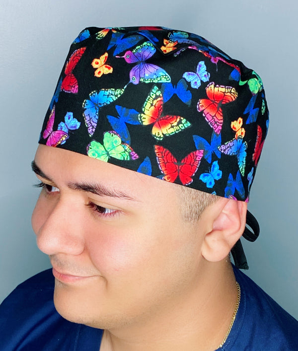 Beautiful Colorful Butterflies on Black Unisex Animal Scrub Cap