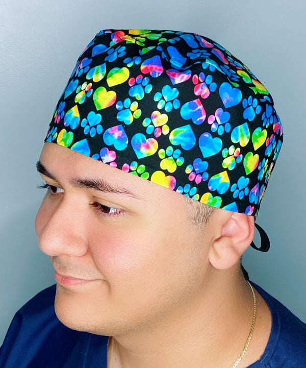 Colorful Tie Dye Paws & Hearts on Black Unisex Animal Scrub Cap