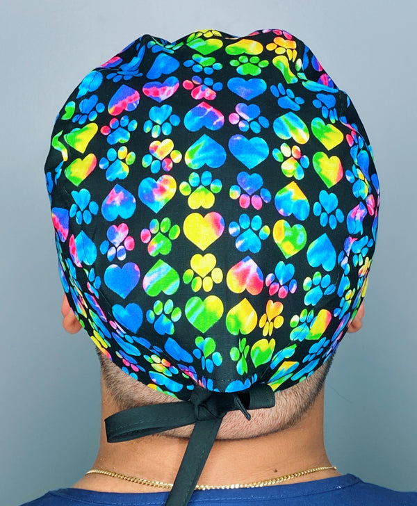 Colorful Tie Dye Paws & Hearts on Black Unisex Animal Scrub Cap