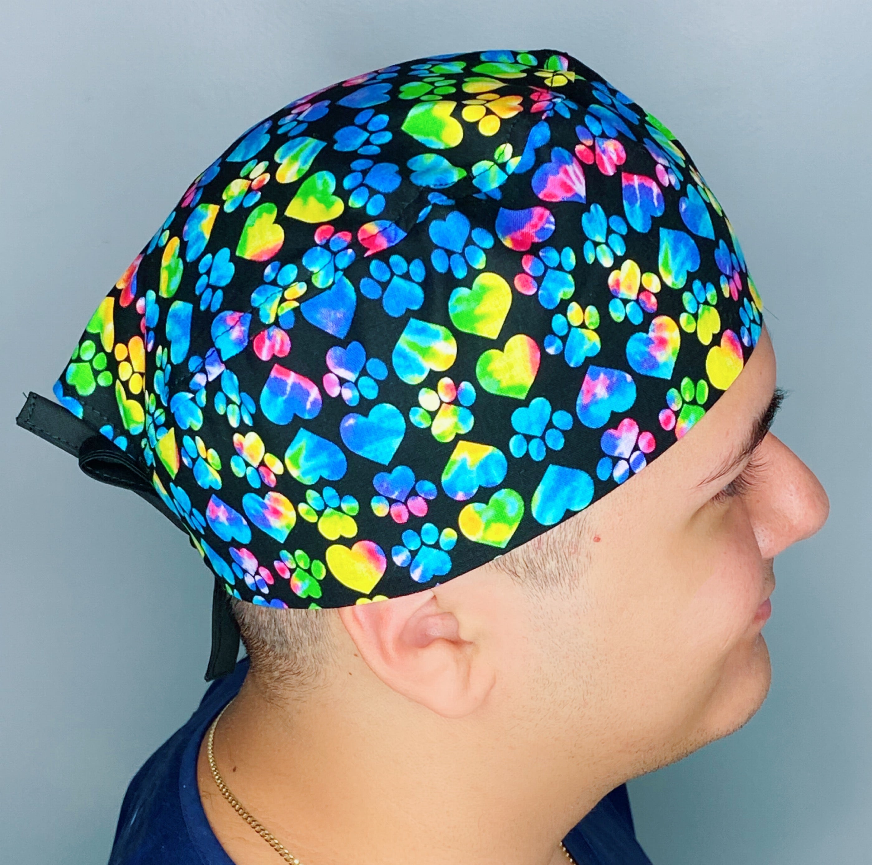 Colorful Tie Dye Paws & Hearts on Black Unisex Animal Scrub Cap