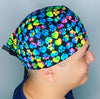 Colorful Tie Dye Paws & Hearts on Black Unisex Animal Scrub Cap