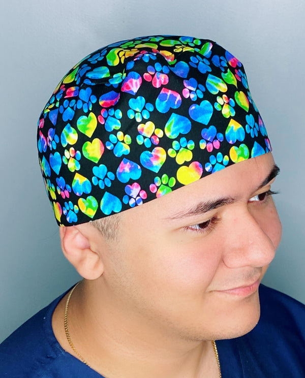 Colorful Tie Dye Paws & Hearts on Black Unisex Animal Scrub Cap