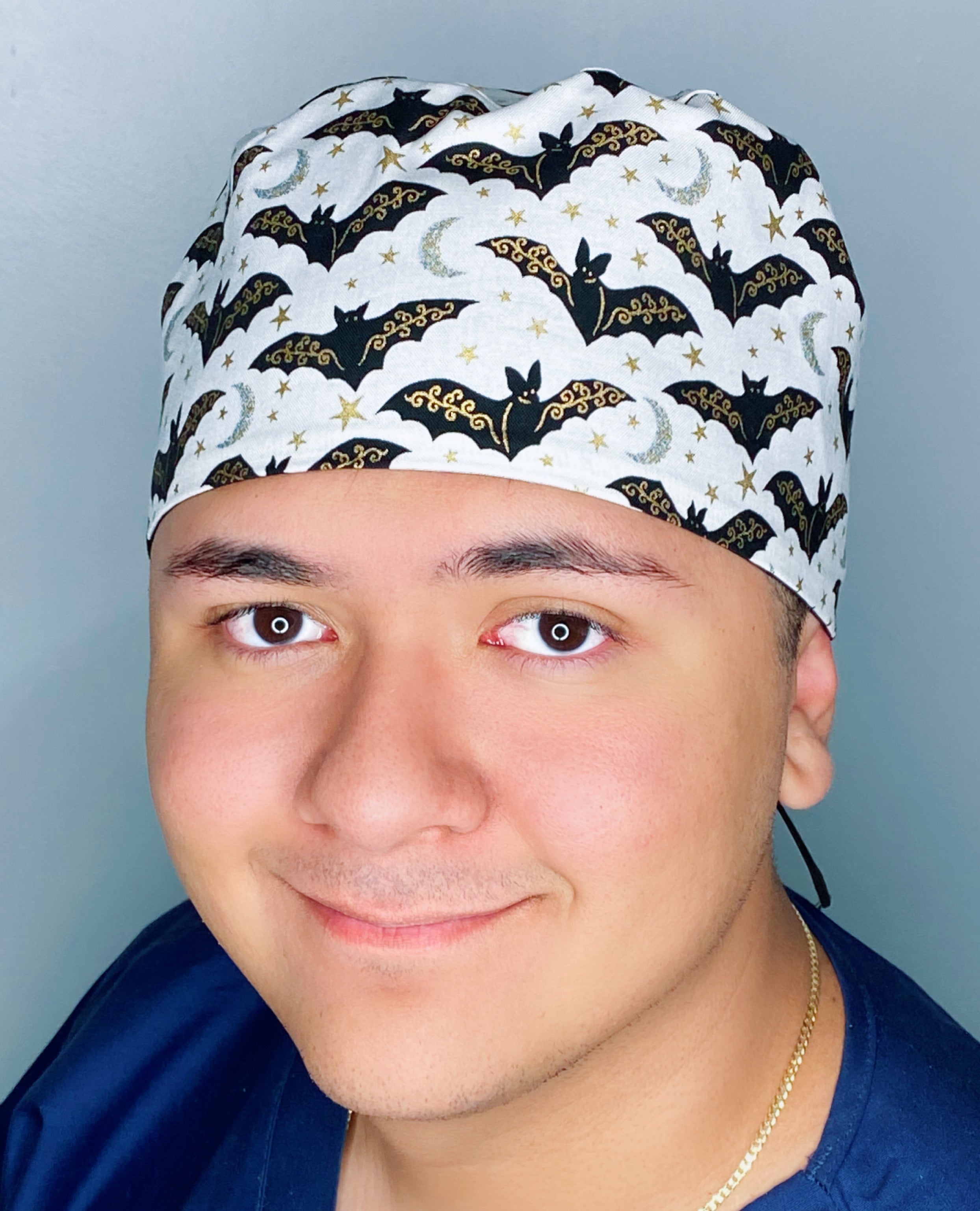 Black Bats Metallic Gold on White Halloween Unisex Holiday Scrub Cap