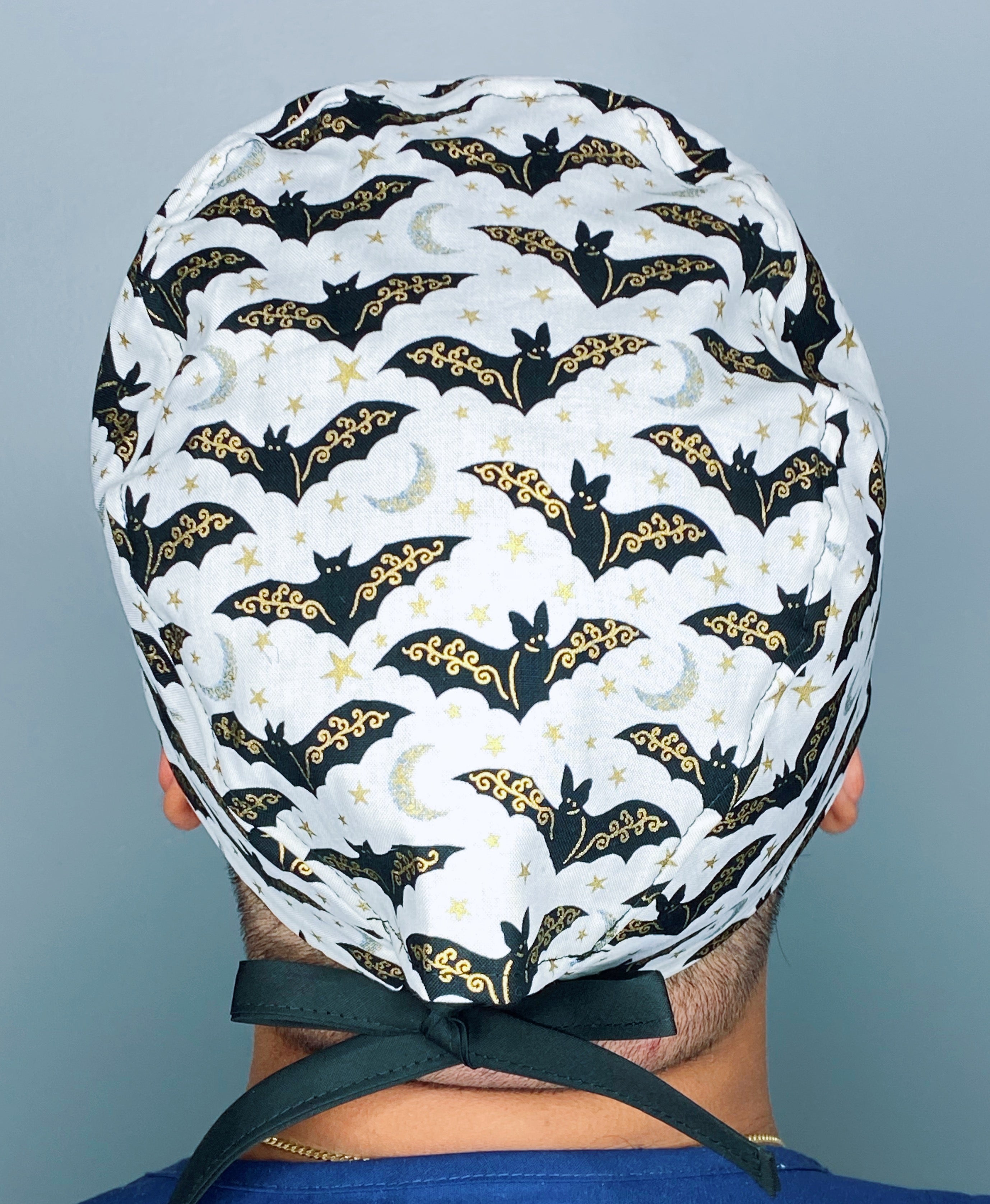 Black Bats Metallic Gold on White Halloween Unisex Holiday Scrub Cap