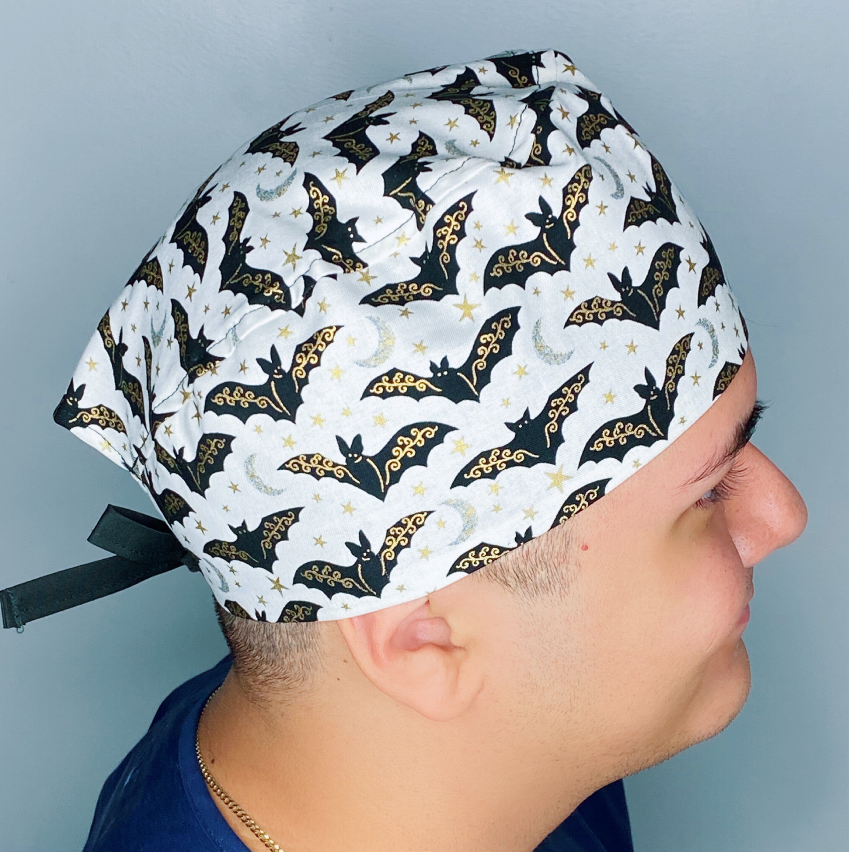 Black Bats Metallic Gold on White Halloween Unisex Holiday Scrub Cap