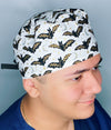 Black Bats Metallic Gold on White Halloween Unisex Holiday Scrub Cap