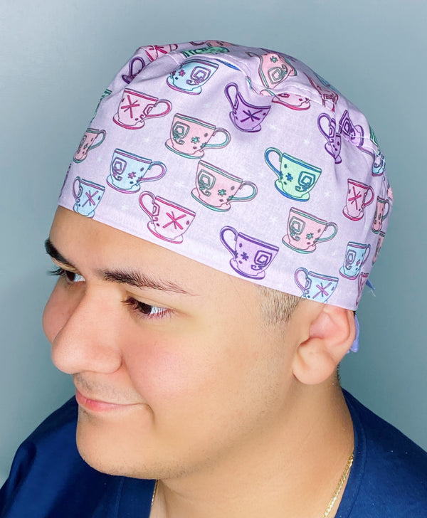 Colorful Tea Glasses on Lavender Unisex Food Scrub Cap