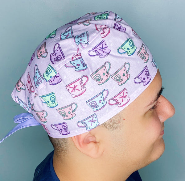 Colorful Tea Glasses on Lavender Unisex Food Scrub Cap