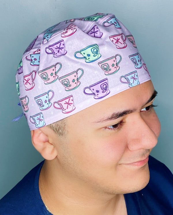 Colorful Tea Glasses on Lavender Unisex Food Scrub Cap