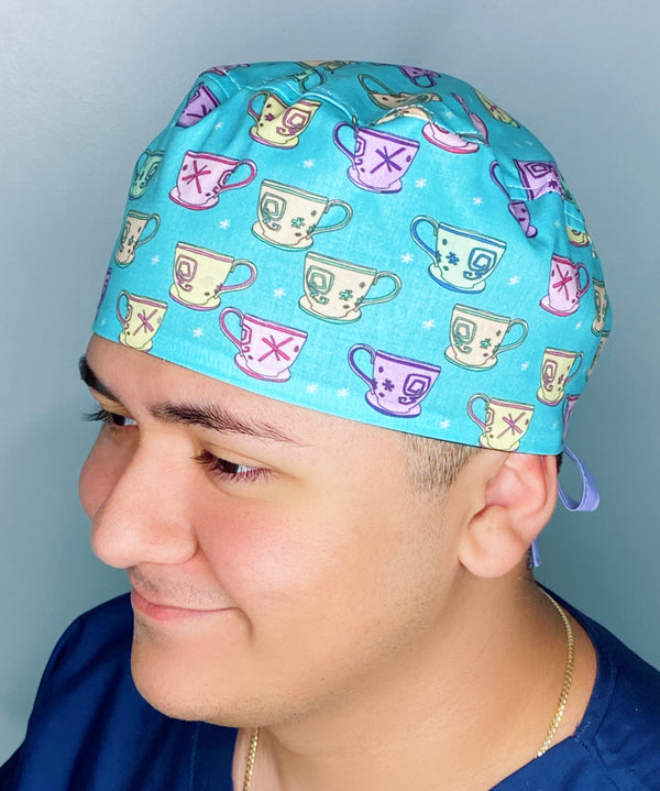 Colorful Tea Glasses on Turquoise Unisex Food Scrub Cap