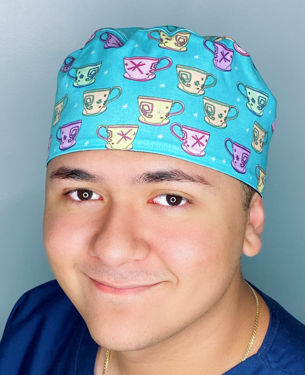 Colorful Tea Glasses on Turquoise Unisex Food Scrub Cap