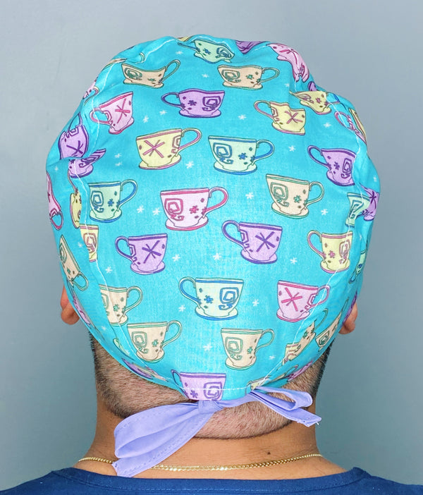 Colorful Tea Glasses on Turquoise Unisex Food Scrub Cap