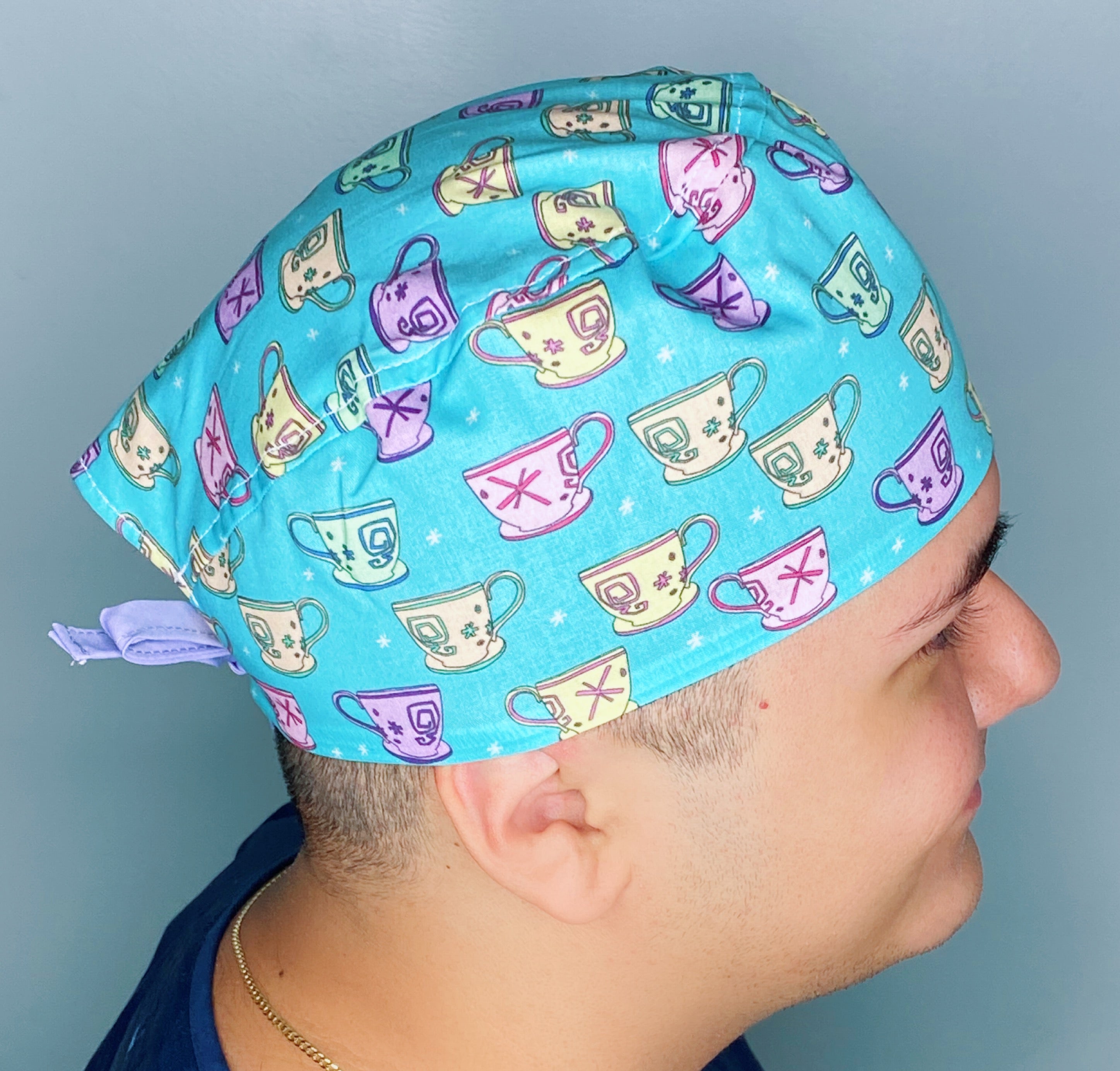 Colorful Tea Glasses on Turquoise Unisex Food Scrub Cap