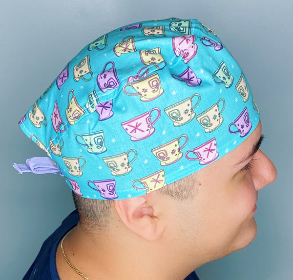 Colorful Tea Glasses on Turquoise Unisex Food Scrub Cap
