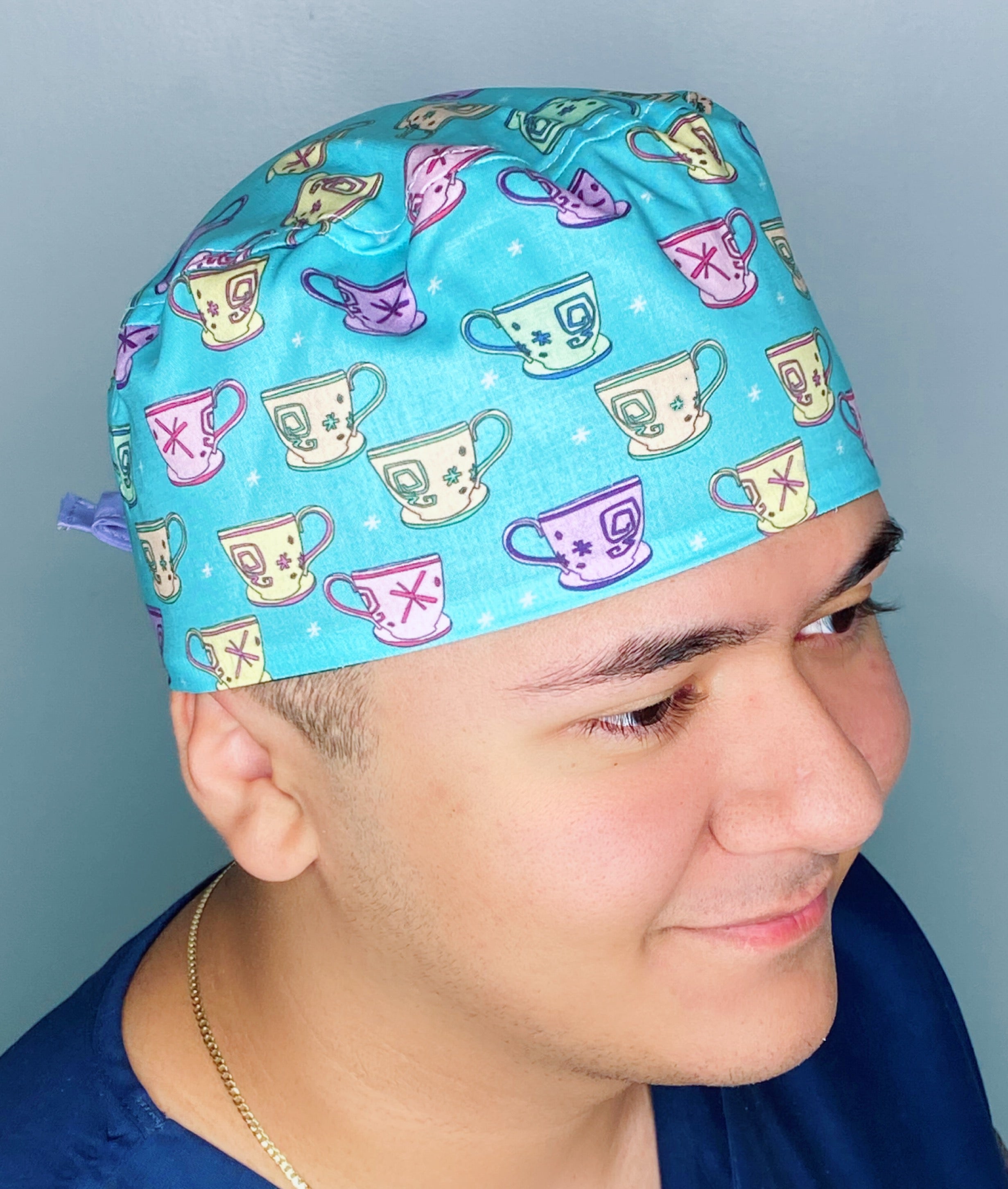 Colorful Tea Glasses on Turquoise Unisex Food Scrub Cap