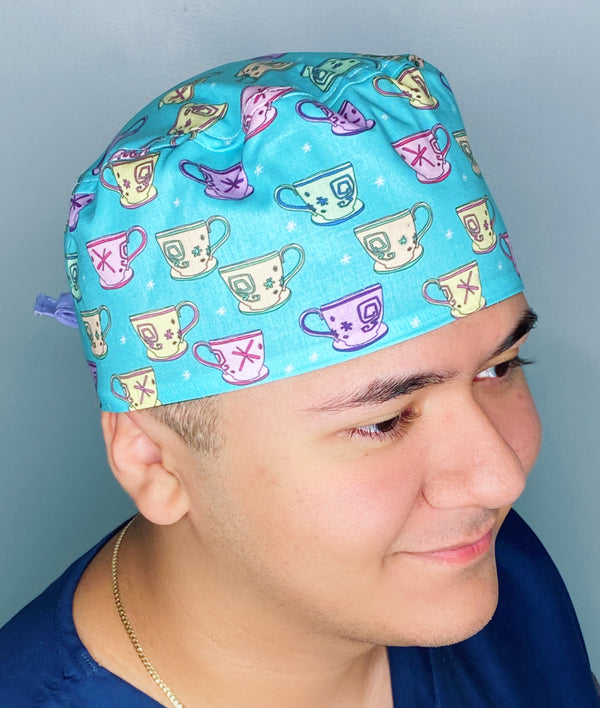 Colorful Tea Glasses on Turquoise Unisex Food Scrub Cap