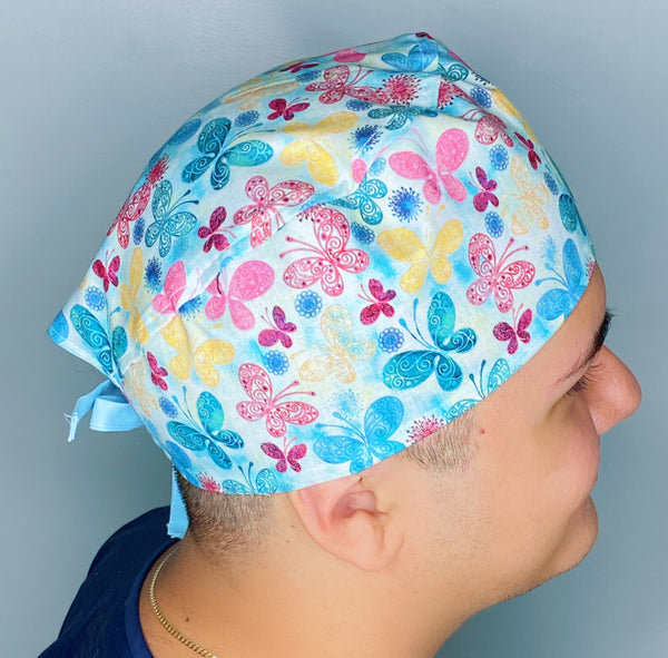 Beautiful Butterflies Doodles on Blue Unisex Animal Scrub Cap