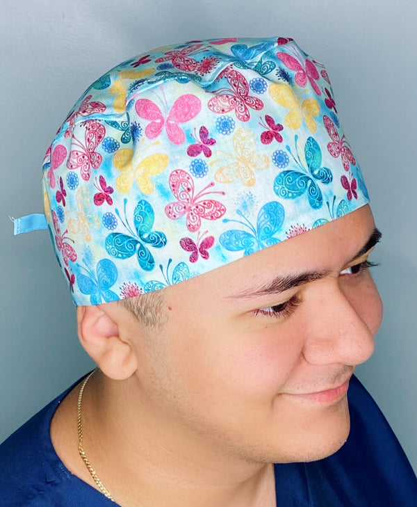 Beautiful Butterflies Doodles on Blue Unisex Animal Scrub Cap