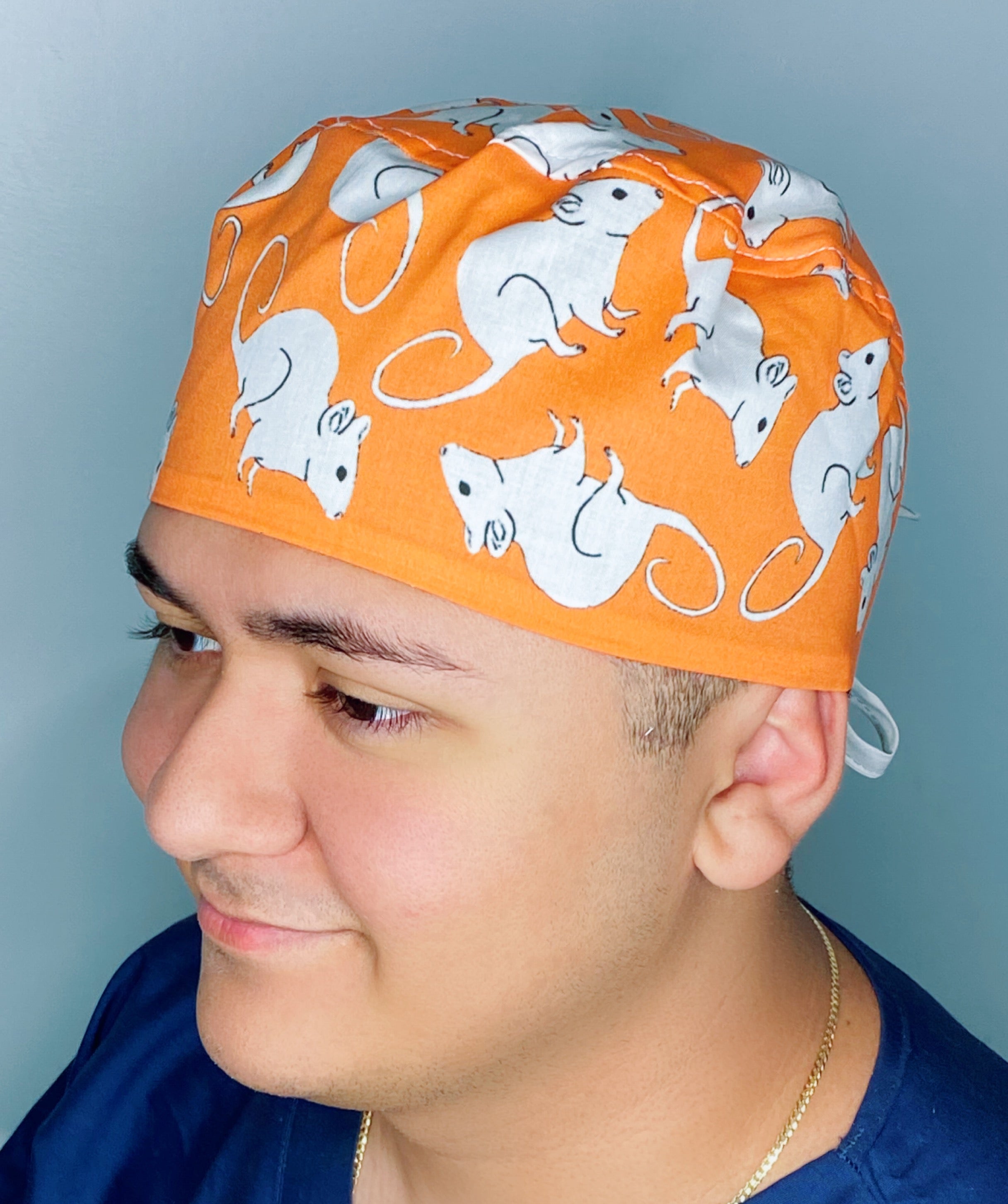 White Mice on Orange Unisex Animal Scrub Cap