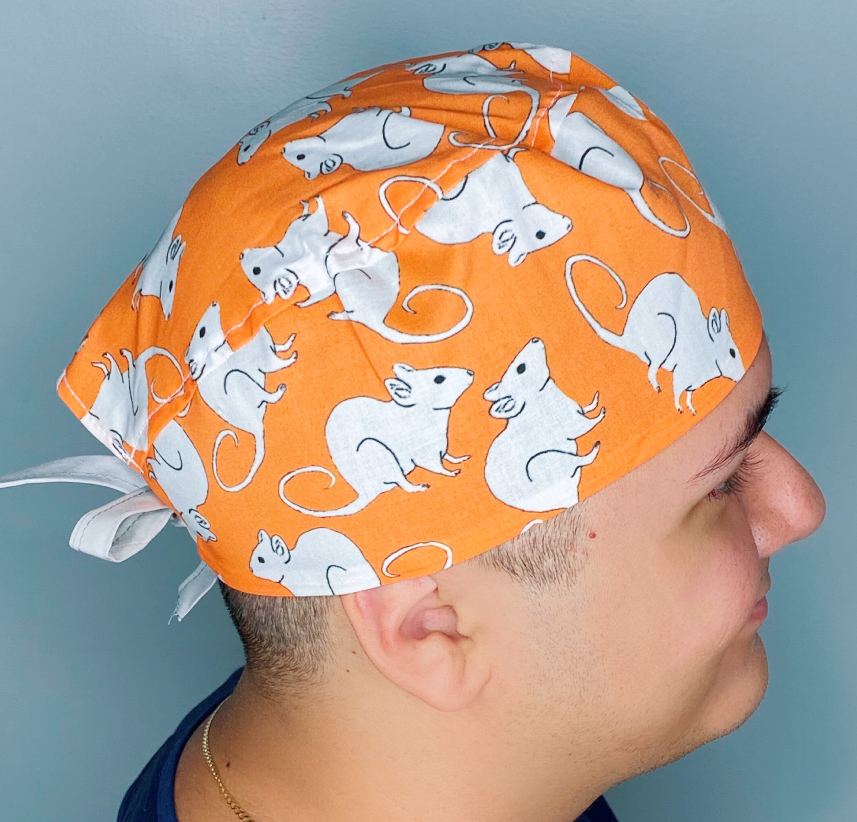 White Mice on Orange Unisex Animal Scrub Cap