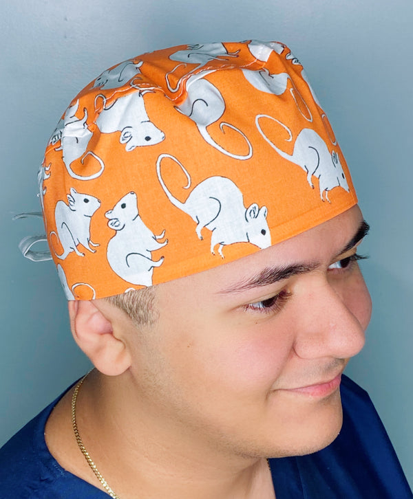 White Mice on Orange Unisex Animal Scrub Cap