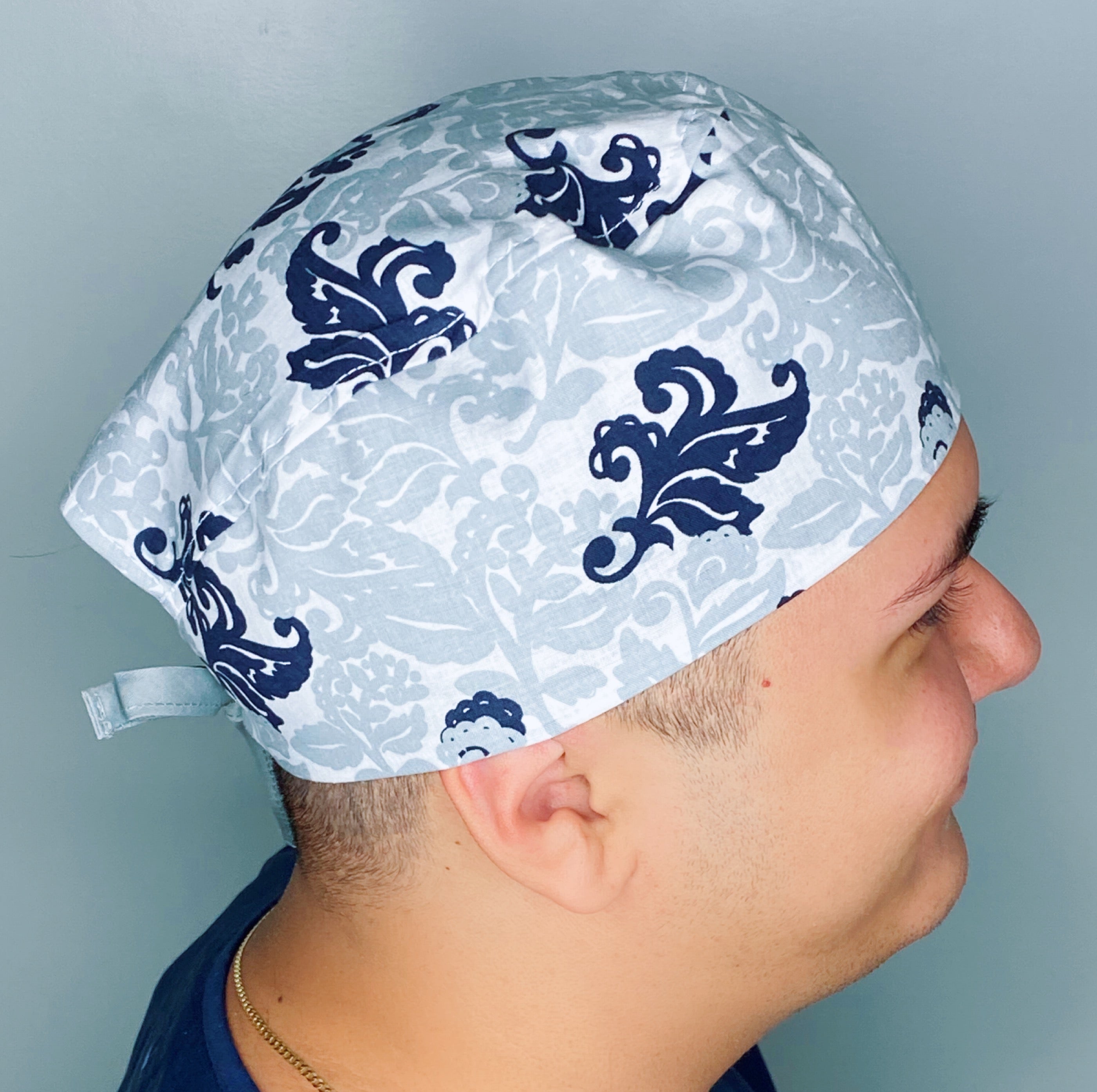 Grey & Navy Floral Design Unisex Cute Scrub Cap
