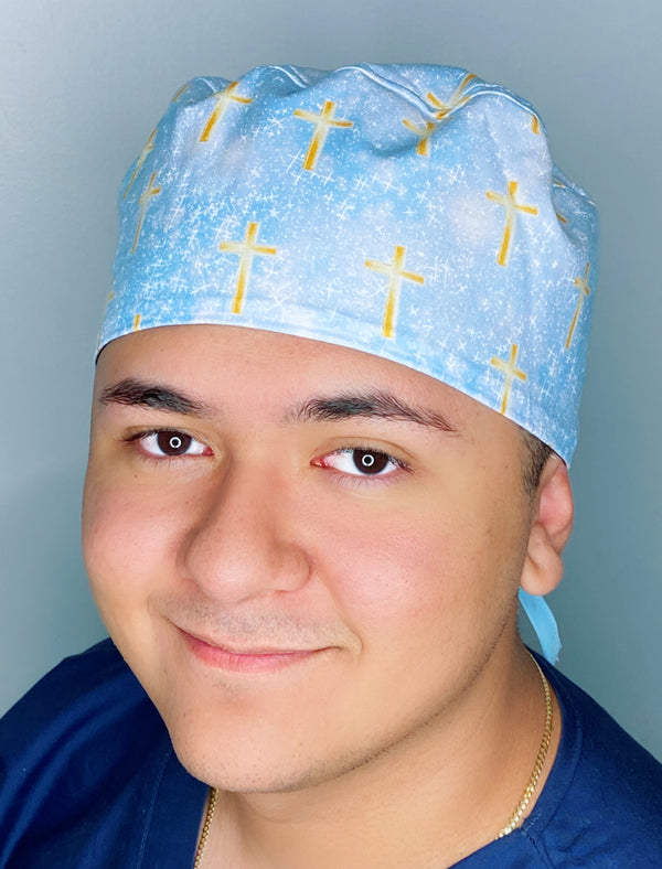 Gold Cross on Light blue Unisex Religious Scrub Cap