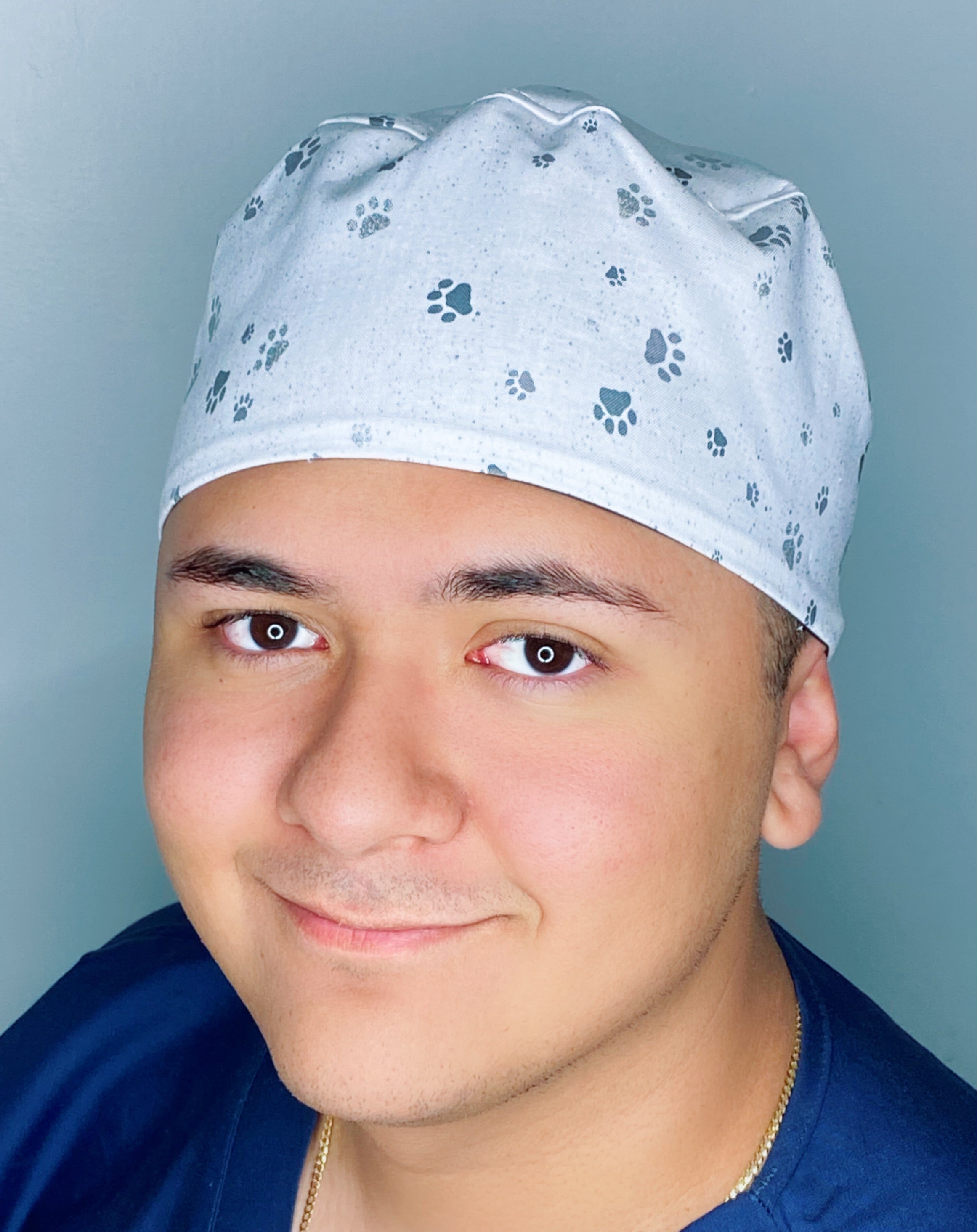 Grey & Silver Paws on White Unisex Animal Scrub Cap