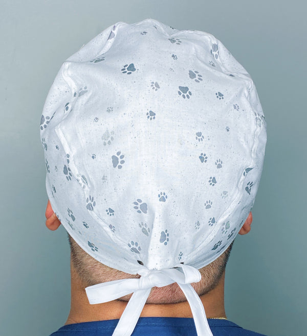 Grey & Silver Paws on White Unisex Animal Scrub Cap