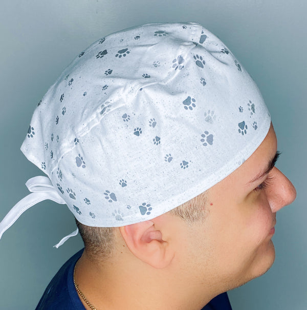 Grey & Silver Paws on White Unisex Animal Scrub Cap