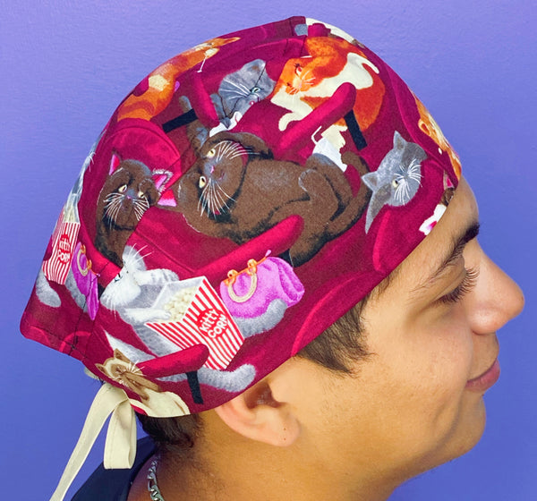 Funny Cats Watching a Scary Movie Unisex Animal Scrub Cap
