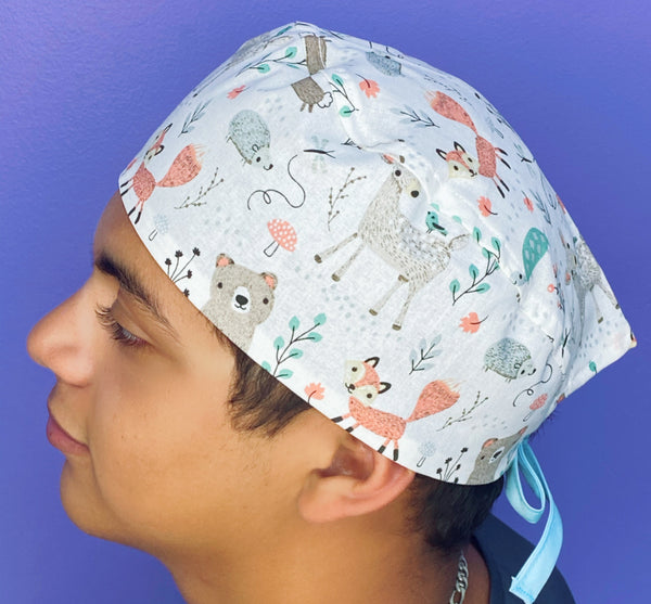 Cute Baby Forest Animals on White Unisex Animal Scrub Cap