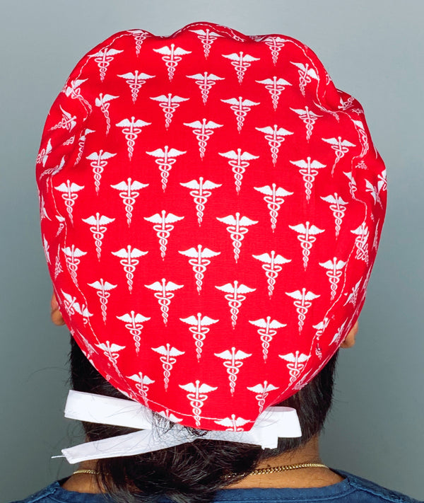 Medical Snake Symbol Caduceus on Red Unisex Medical Theme Scrub Cap