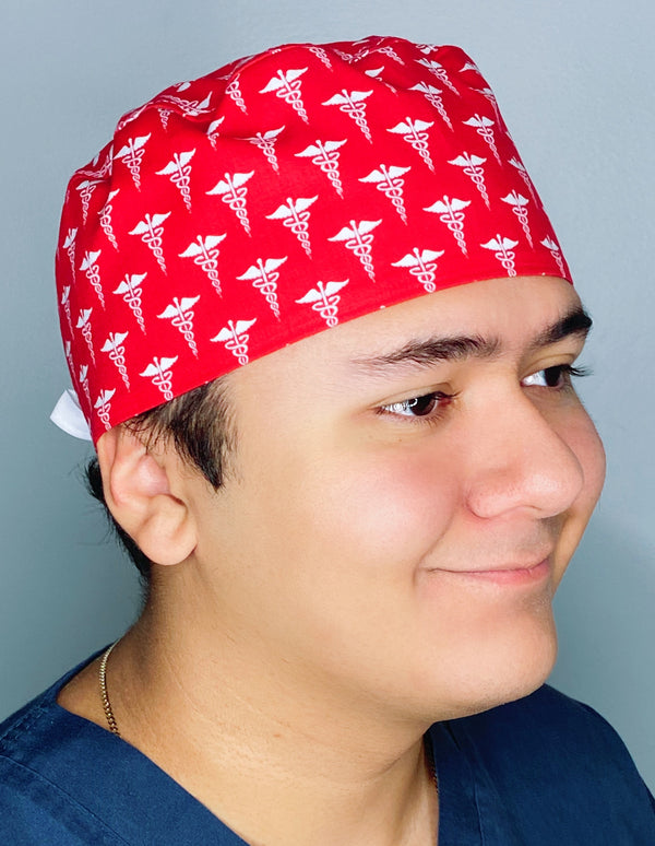 Medical Snake Symbol Caduceus on Red Unisex Medical Theme Scrub Cap