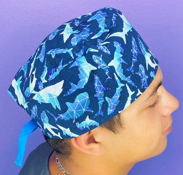 Geometric Sharks on Navy Unisex Animal Scrub Cap