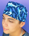Geometric Sharks on Navy Unisex Animal Scrub Cap