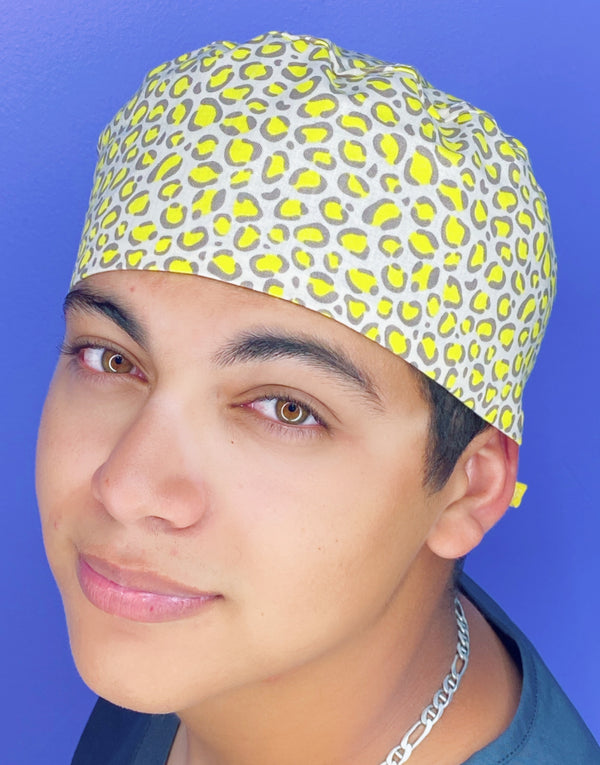 Bright Neon Yellow Leopard Print Unisex Animal Scrub Cap