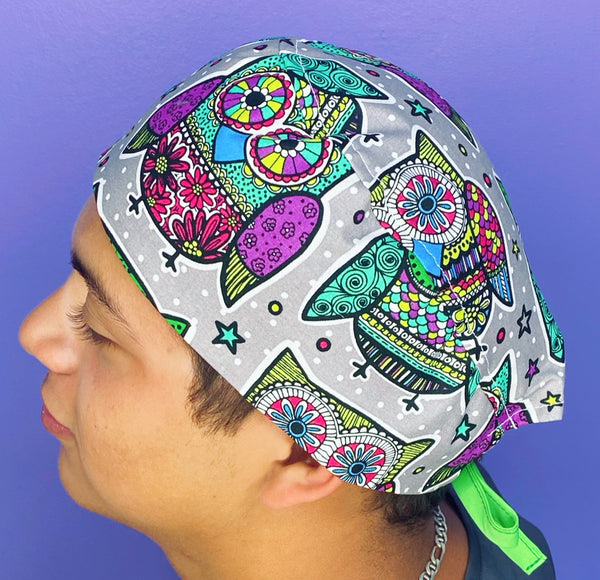 Mandala Colorful Owls on Grey Unisex Animal Scrub Cap