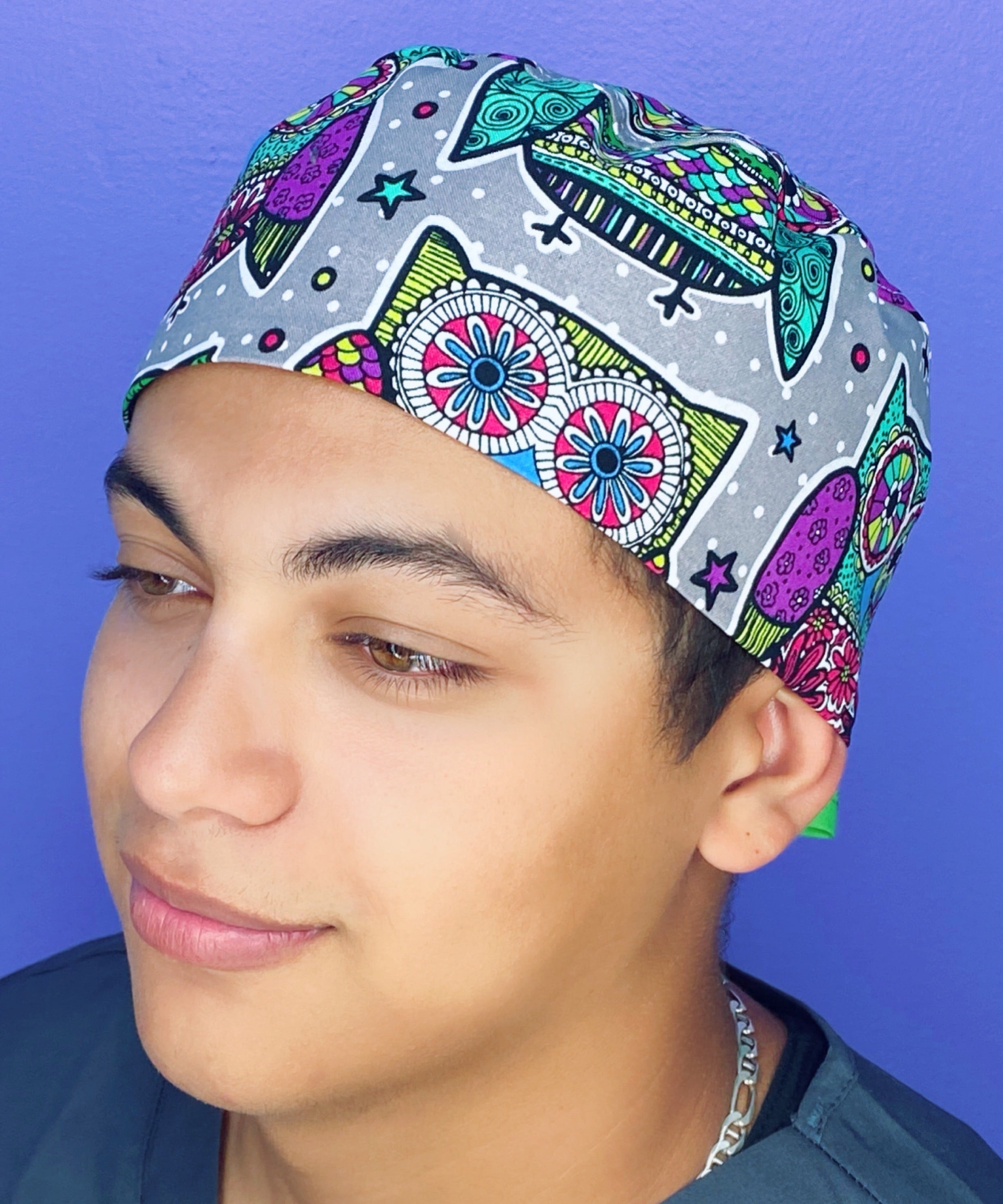 Mandala Colorful Owls on Grey Unisex Animal Scrub Cap