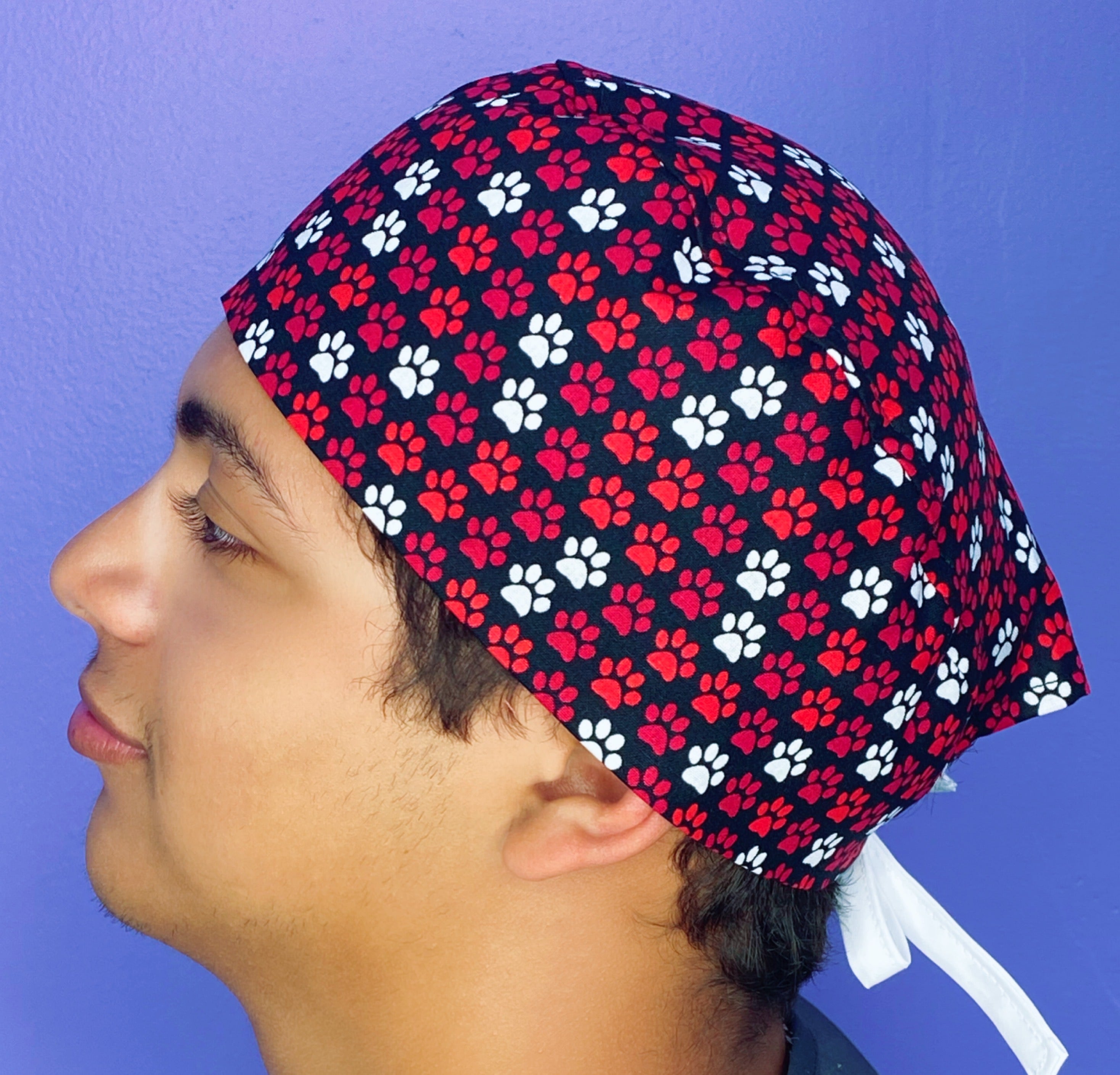 Red, Black & White Paws Dog Themed Unisex Animal Scrub Cap