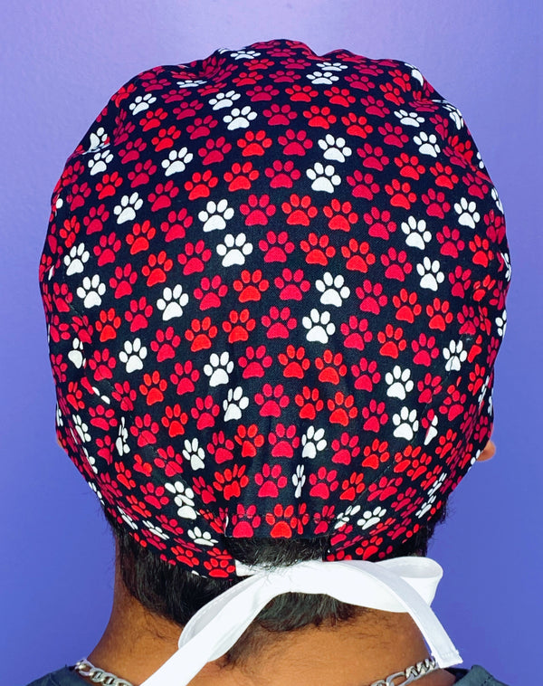 Red, Black & White Paws Dog Themed Unisex Animal Scrub Cap