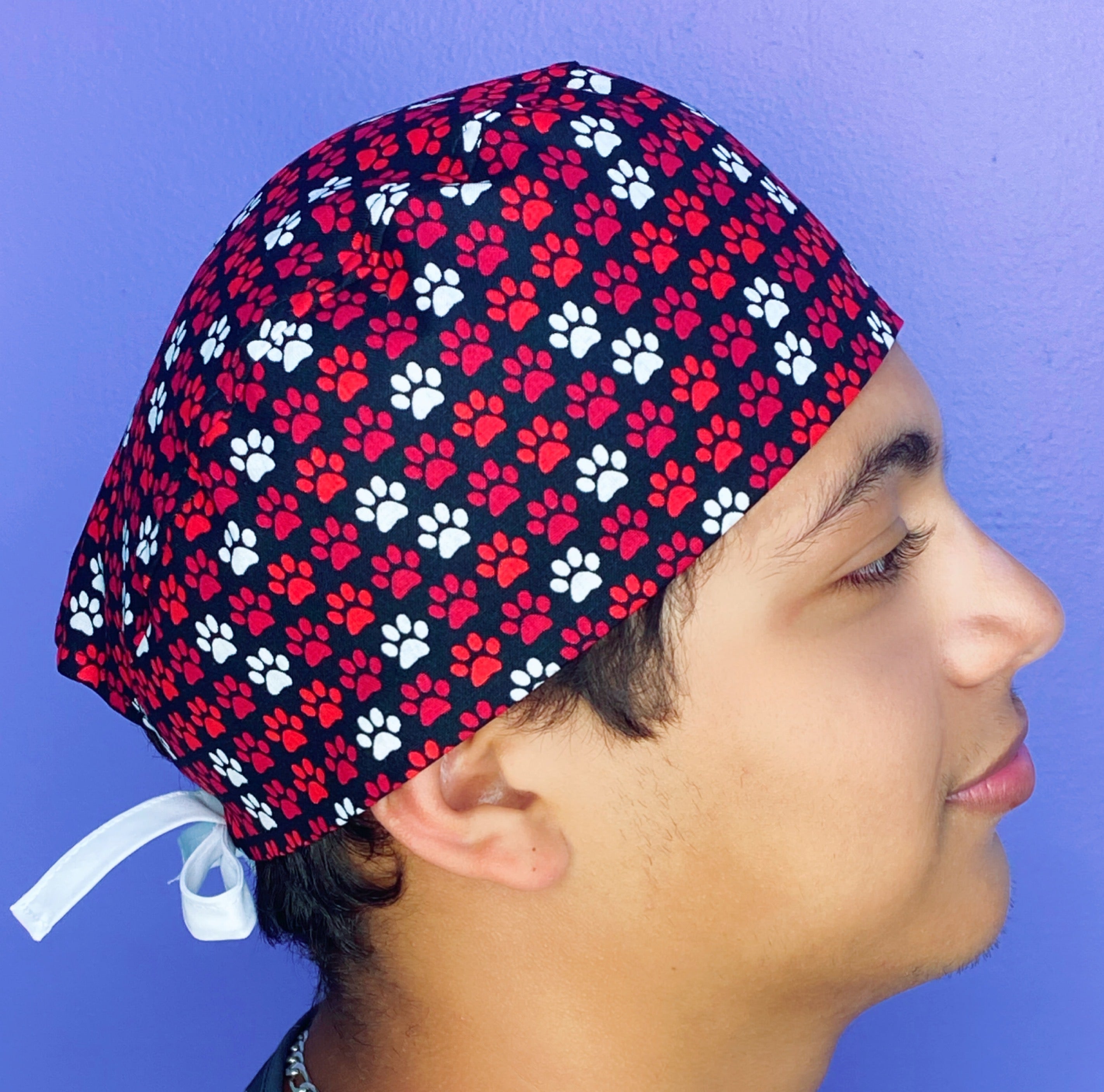 Red, Black & White Paws Dog Themed Unisex Animal Scrub Cap