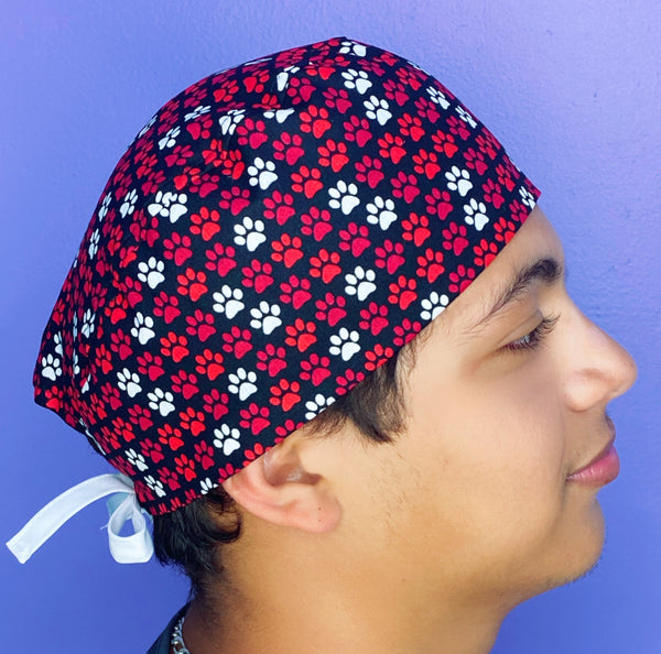 Red, Black & White Paws Dog Themed Unisex Animal Scrub Cap