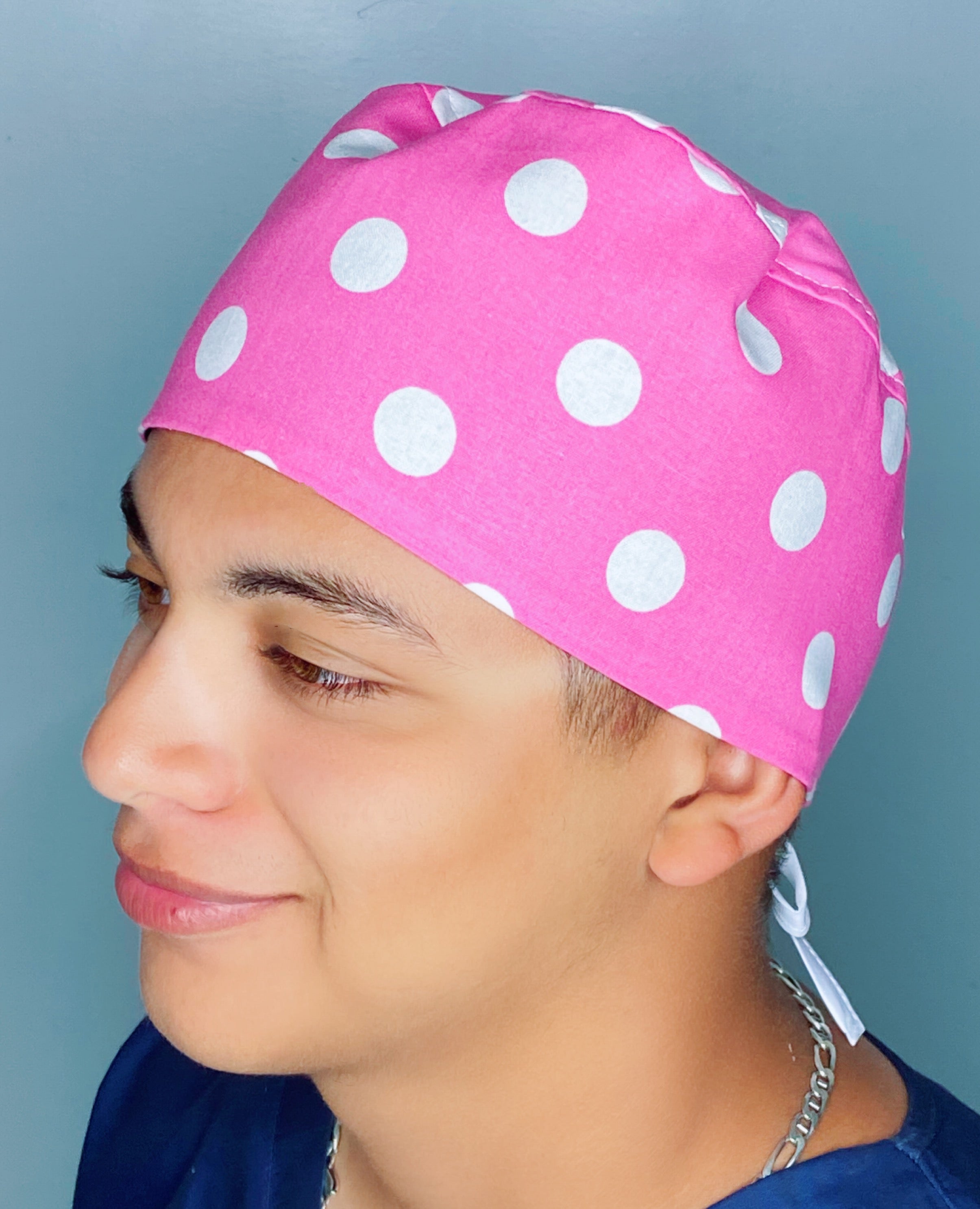 Big White Polka Dots on Pink Unisex Fancy Scrub Cap